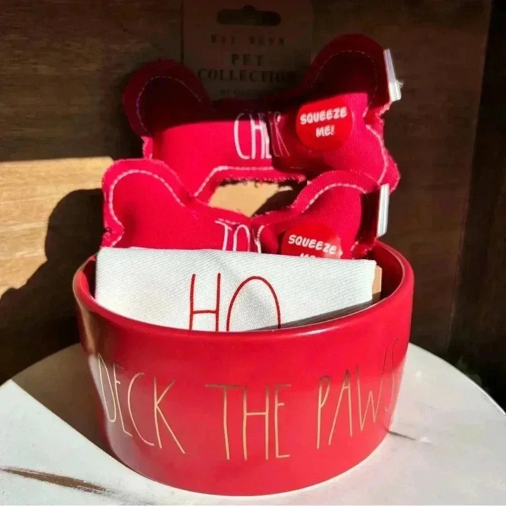 NEW 4 Pc SET - DECK THE PAWS - RED 6" Pet Bowl, Bandana, & 2 squeaky Bone Toys